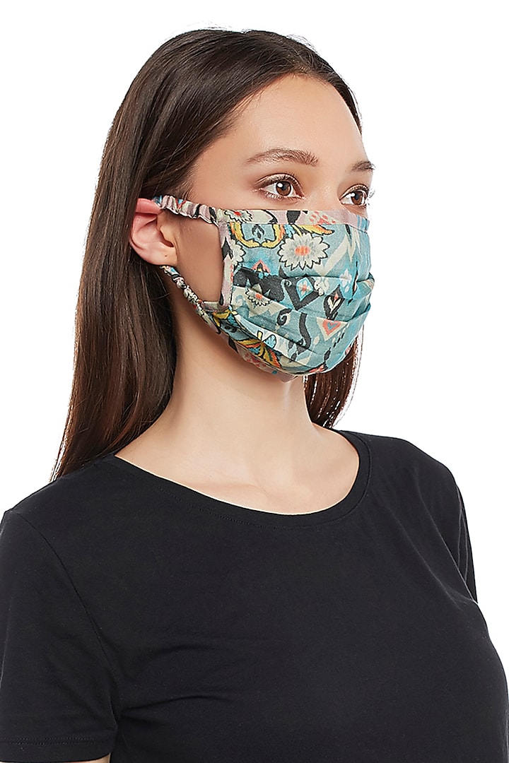 Blue & Pink Reversible Printed 3 Ply Mask With Pouch by PAYAL SINGHAL ACCESSORIES