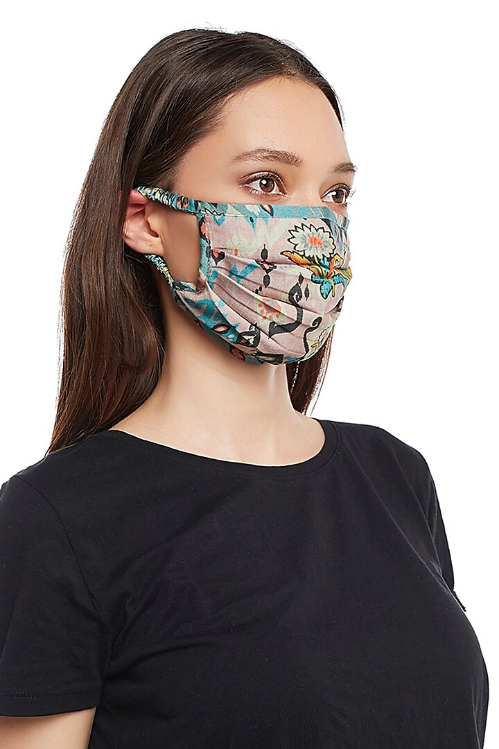 Pink & Blue Reversible Printed 3 Ply Mask With Pouch by PAYAL SINGHAL ACCESSORIES