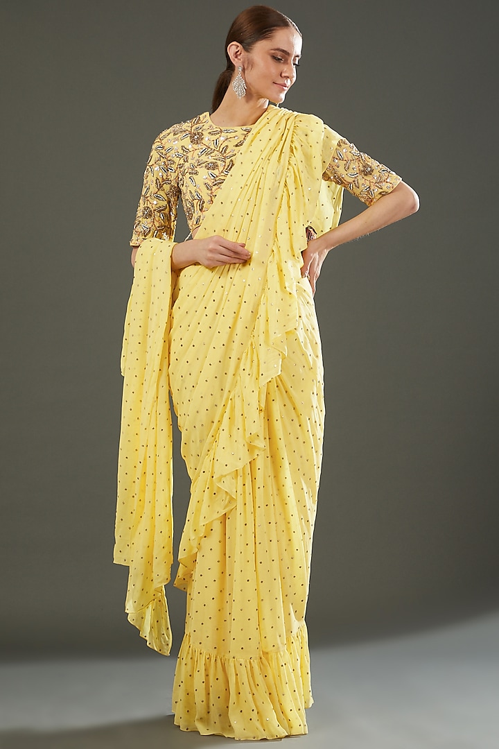 Yellow Mukaish Georgette Pre-Stitched Saree Set by Payal Singhal