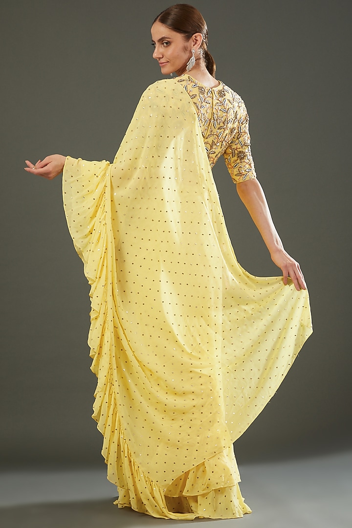 Yellow Mukaish Georgette Pre-Stitched Wedding Saree Set by Payal Singhal at Pernia's Pop Up Shop