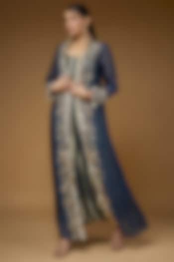 Navy Blue Organza Embroidered Jacket Set by Payal Singhal at Pernia's Pop Up Shop