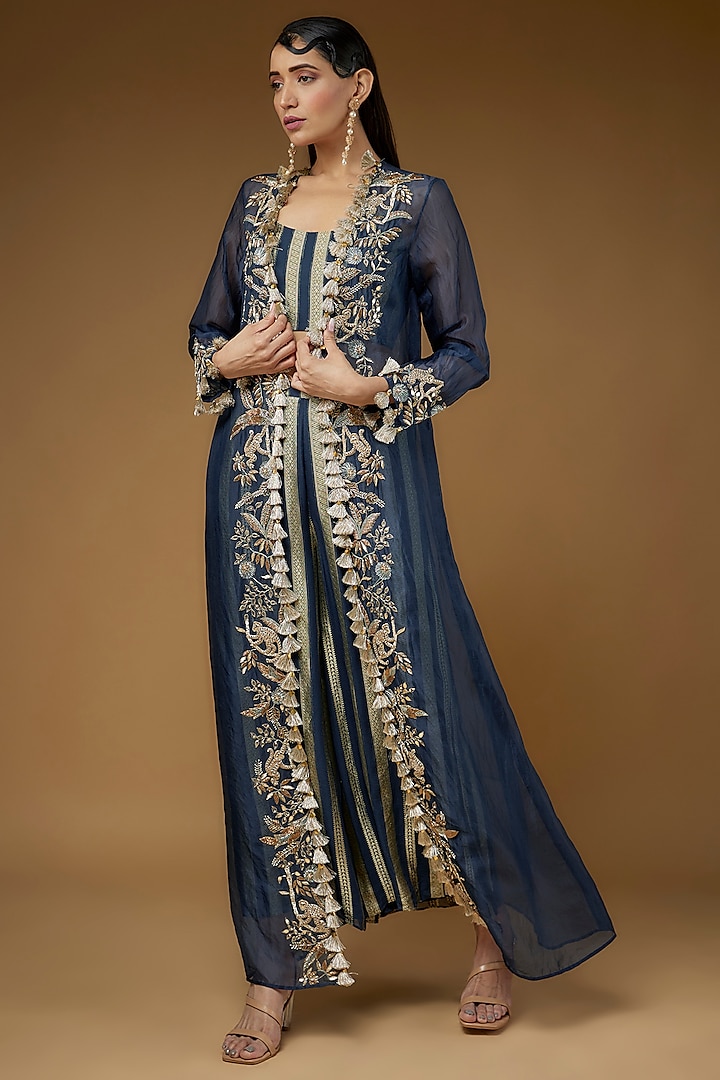 Navy Blue Organza Embroidered Jacket Set by Payal Singhal at Pernia's Pop Up Shop