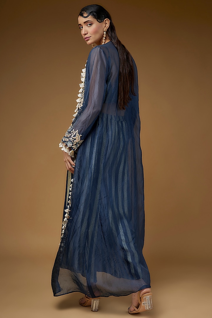 Navy Blue Organza Embroidered Jacket Set by Payal Singhal at Pernia's Pop Up Shop