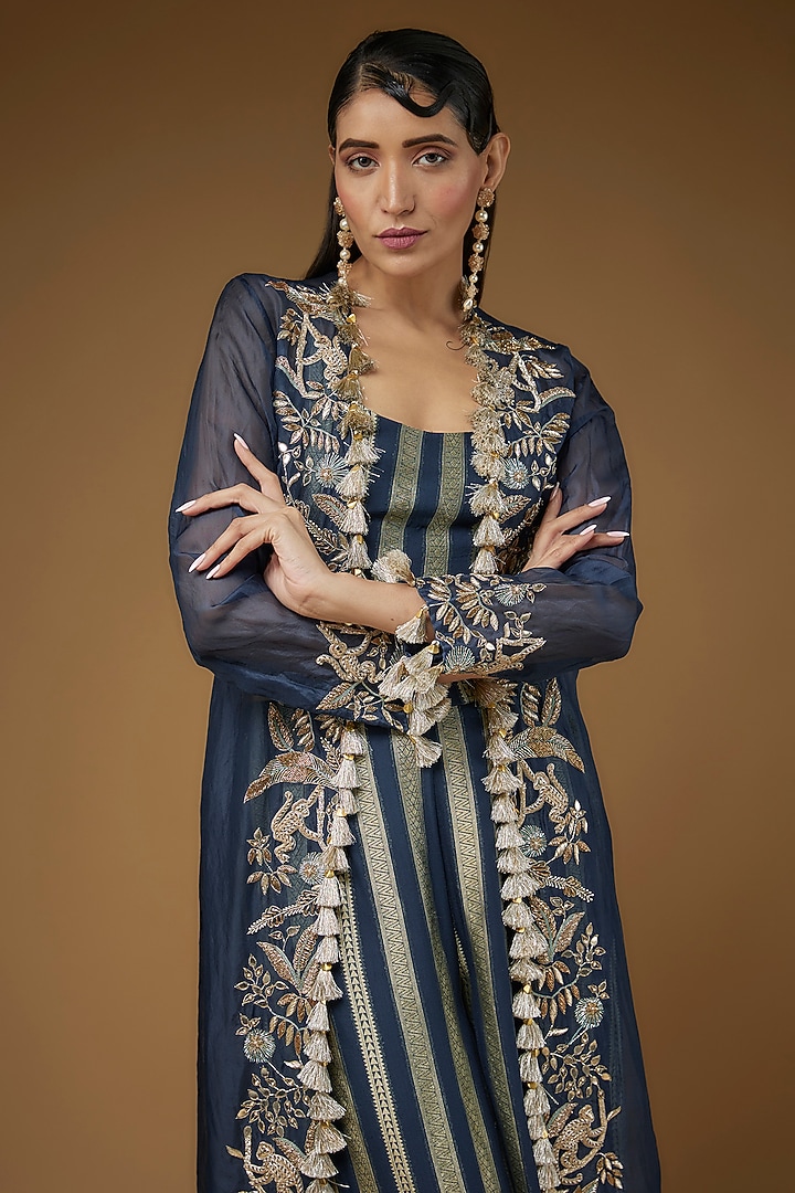 Navy Blue Organza Embroidered Jacket Set by Payal Singhal at Pernia's Pop Up Shop