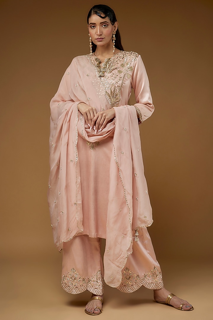 Rose Pink Mushroom Satin Embroidered Kurta Set by Payal Singhal at Pernia's Pop Up Shop