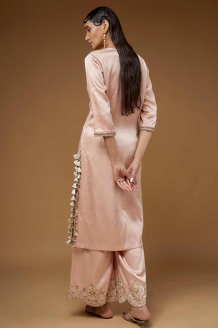 Rose Pink Mushroom Satin Embroidered Kurta Set by Payal Singhal at Pernia's Pop Up Shop