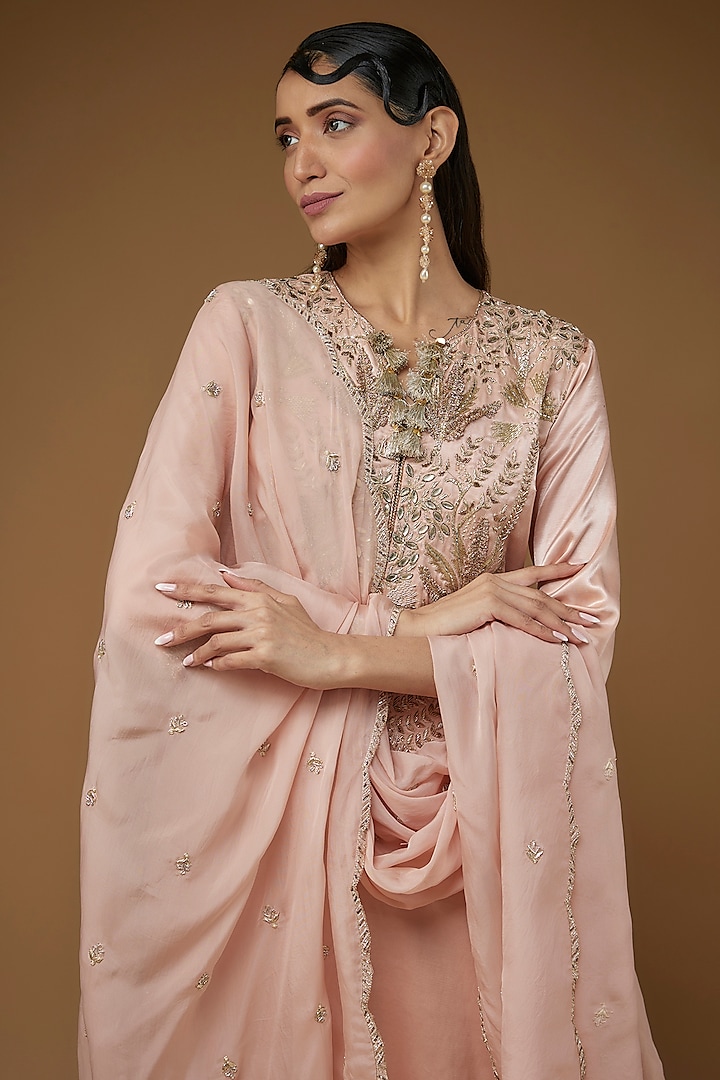 Rose Pink Mushroom Satin Embroidered Kurta Set by Payal Singhal at Pernia's Pop Up Shop