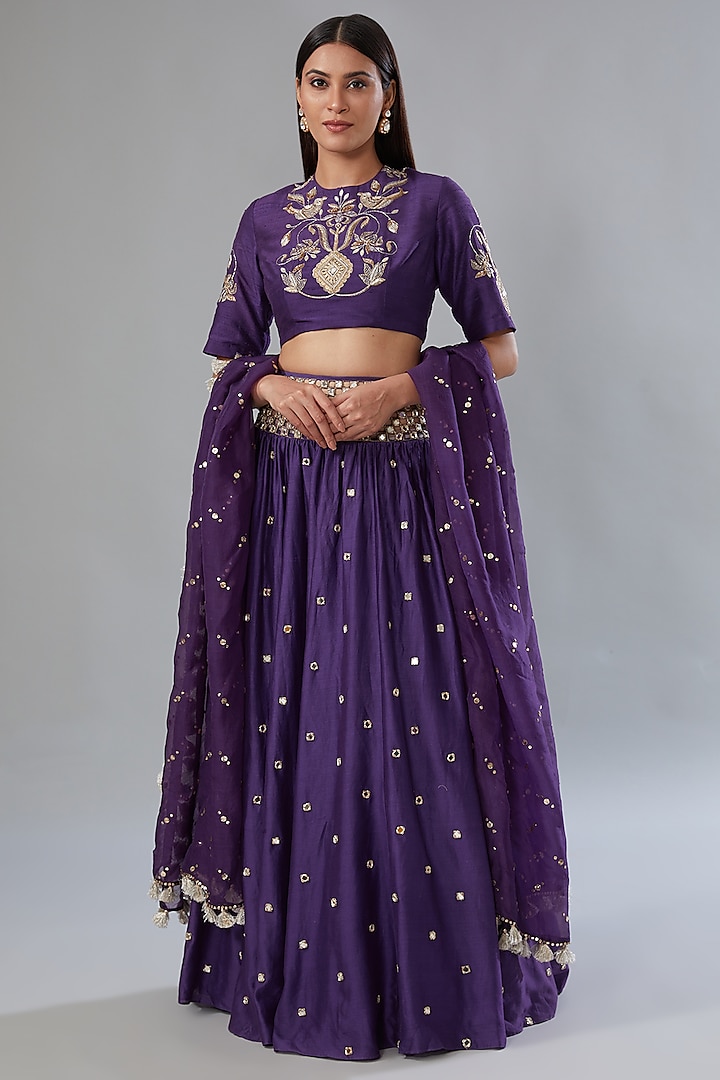 Purple Dupion Silk Embroidered Wedding Lehenga Set by Payal Singhal at Pernia's Pop Up Shop