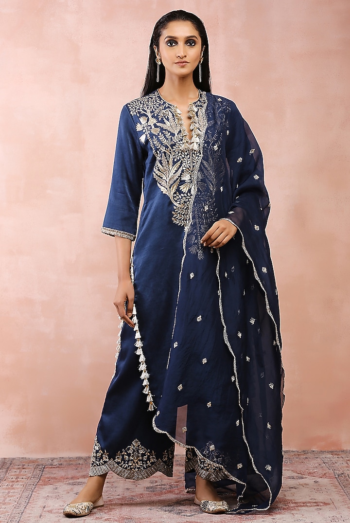 Navy Satin Embroidered Kurta Set by Payal Singhal at Pernia's Pop Up Shop