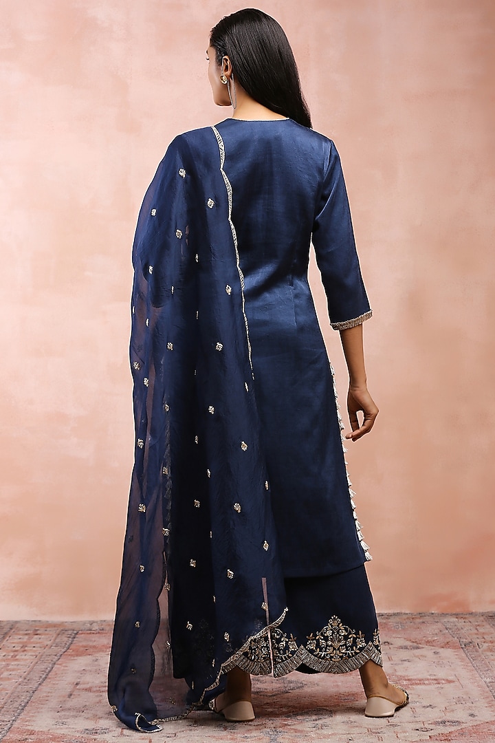 Navy Satin Embroidered Kurta Set by Payal Singhal at Pernia's Pop Up Shop