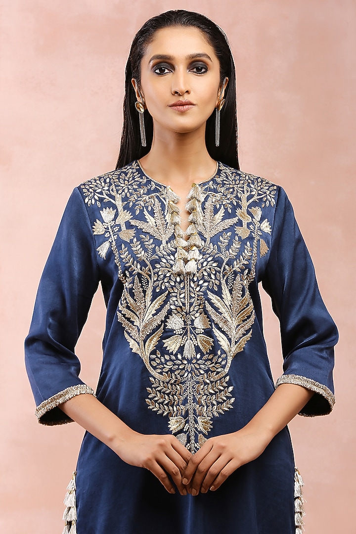 Navy Satin Embroidered Kurta Set by Payal Singhal at Pernia's Pop Up Shop
