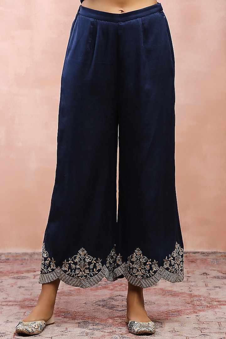 Navy Satin Embroidered Kurta Set by Payal Singhal at Pernia's Pop Up Shop