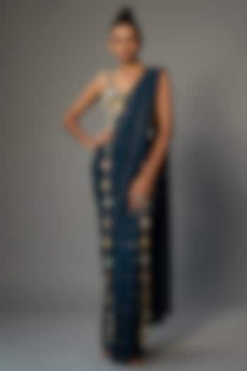 Navy Blue Silk Embroidered Saree Set by Payal Singhal at Pernia's Pop Up Shop