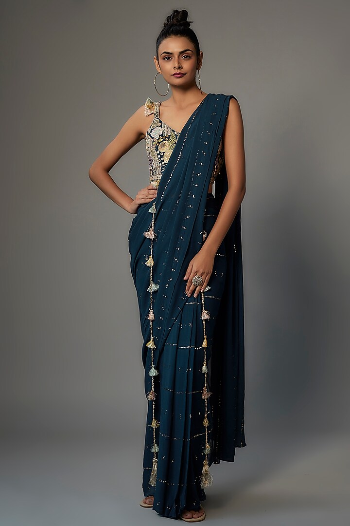 Navy Blue Silk Embroidered Saree Set by Payal Singhal