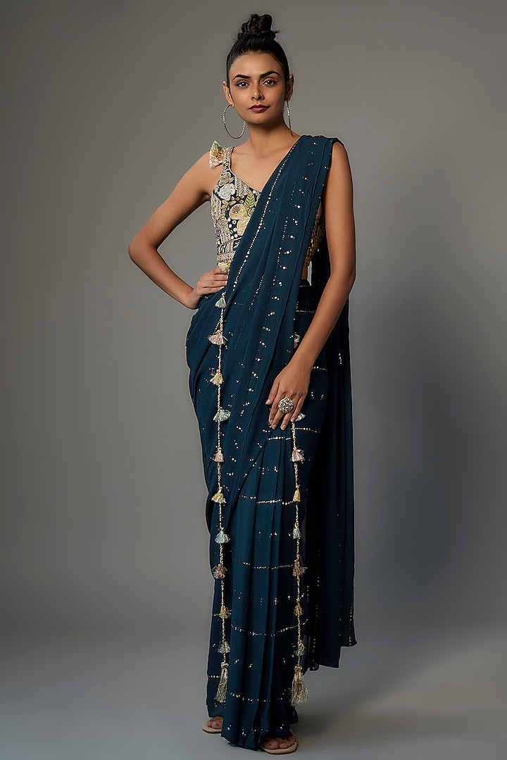 Navy Blue Silk Embroidered Saree Set by Payal Singhal at Pernia's Pop Up Shop