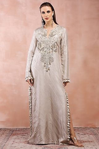 Grey Dola Silk Embroidered Kaftan by Payal Singhal