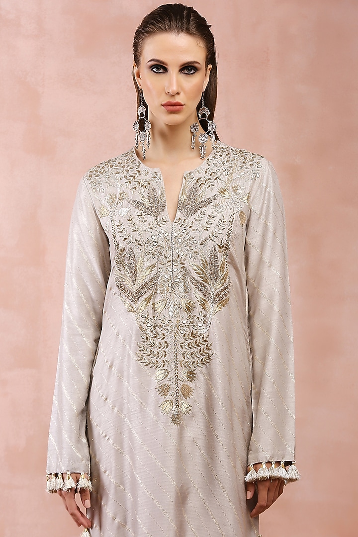 Grey Dola Silk Embroidered Kaftan by Payal Singhal at Pernia's Pop Up Shop
