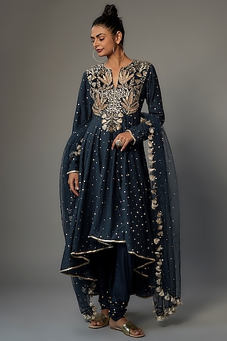 Navy Mukaish Silk Mul Embroidered Anarkali Set by Payal Singhal