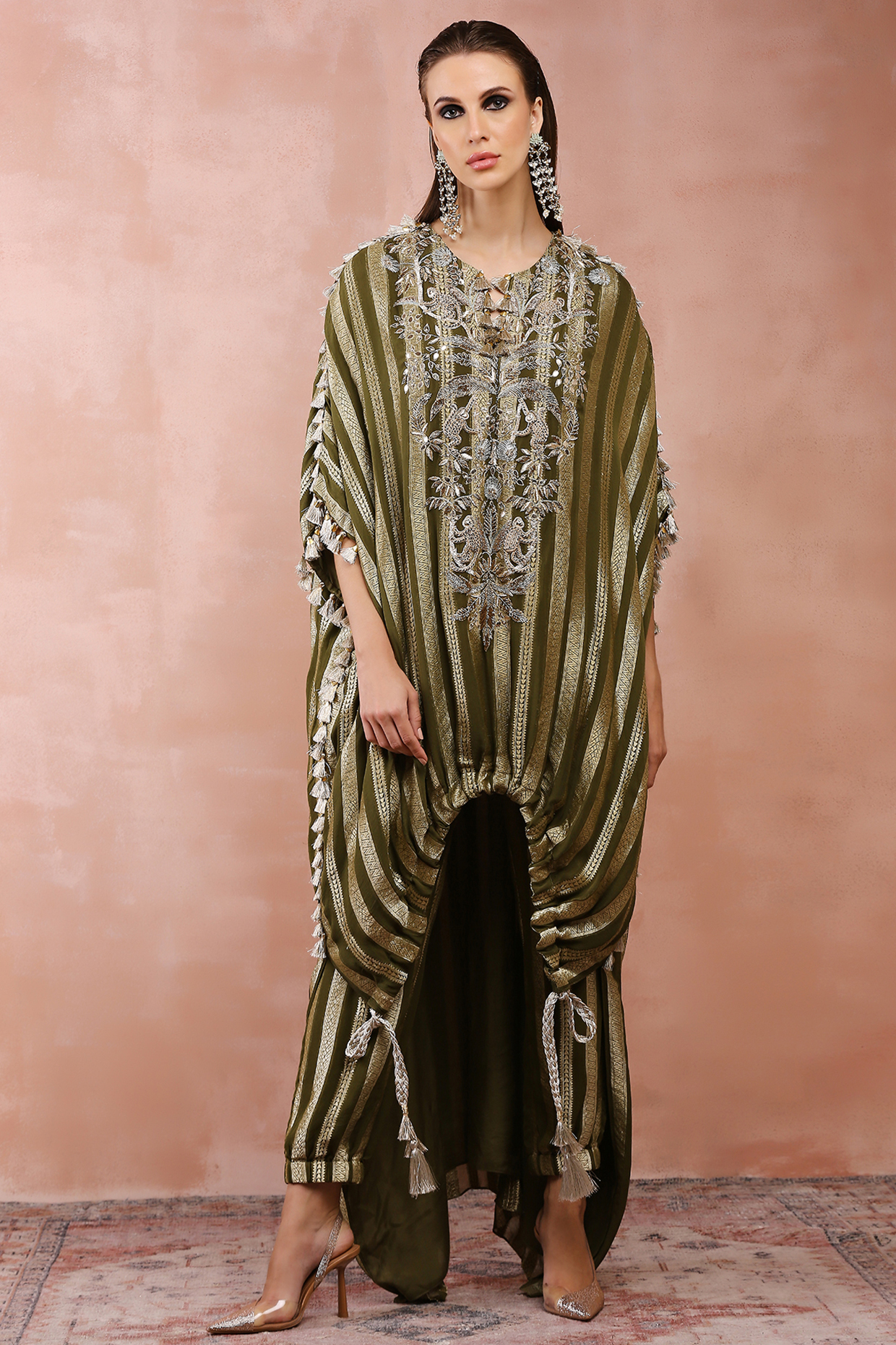 Olive Georgette Embroidered High-Low Kaftan Set by Payal Singhal at Pernia's Pop Up Shop