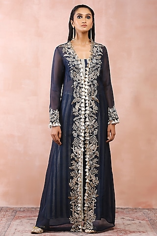 Navy Georgette Embroidered Jacket Set by Payal Singhal