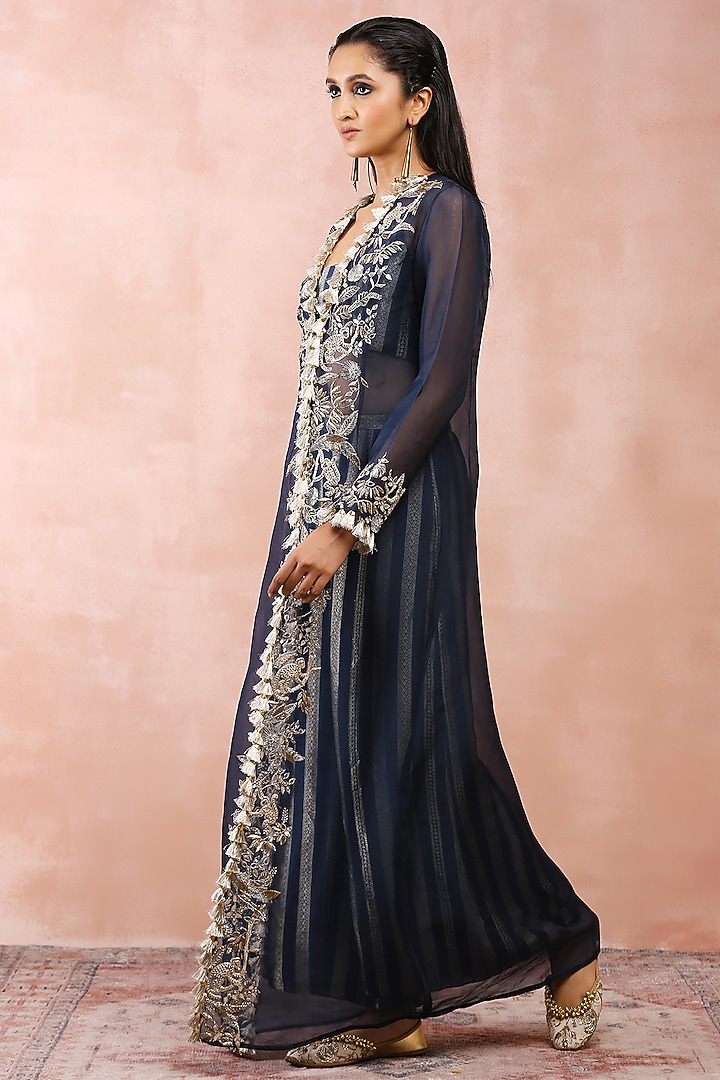 Navy Georgette Embroidered Jacket Set by Payal Singhal at Pernia's Pop Up Shop