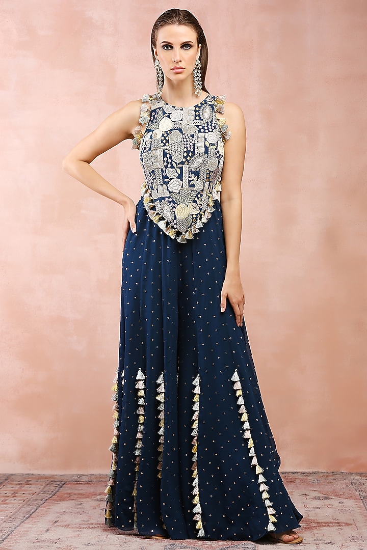 Teal Blue Georgette Wedding Sharara Set by Payal Singhal at Pernia's Pop Up Shop