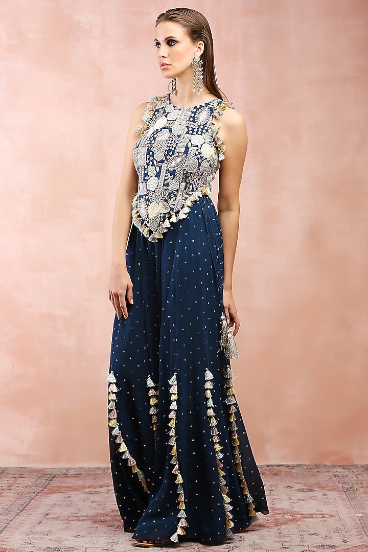 Teal Blue Georgette Wedding Sharara Set by Payal Singhal at Pernia's Pop Up Shop