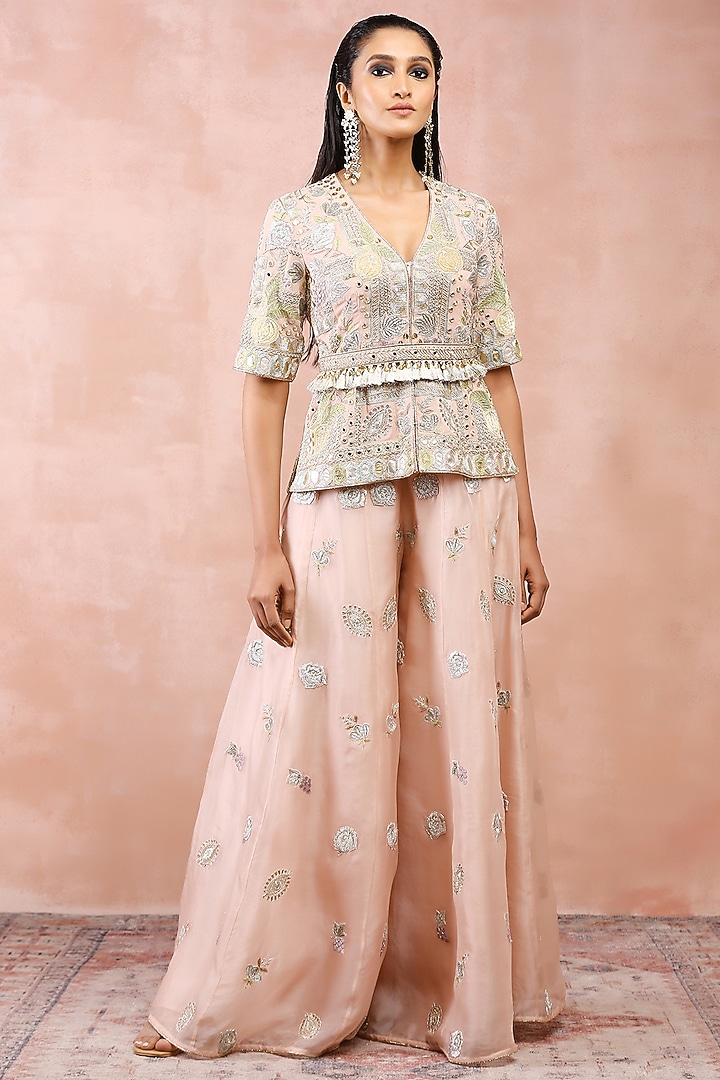 Rose Pink Organza Embroidered Bridal Sharara Set by Payal Singhal at Pernia's Pop Up Shop