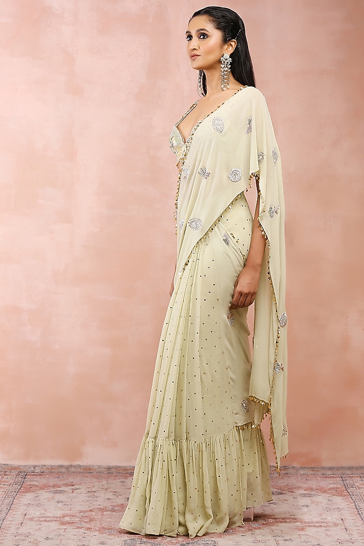 Mint Georgette Pre-Stitched Wedding Saree Set by Payal Singhal at Pernia's Pop Up Shop