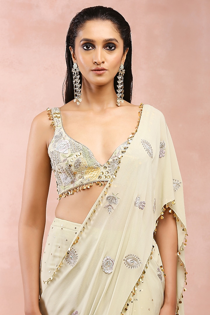 Mint Georgette Pre-Stitched Wedding Saree Set by Payal Singhal at Pernia's Pop Up Shop