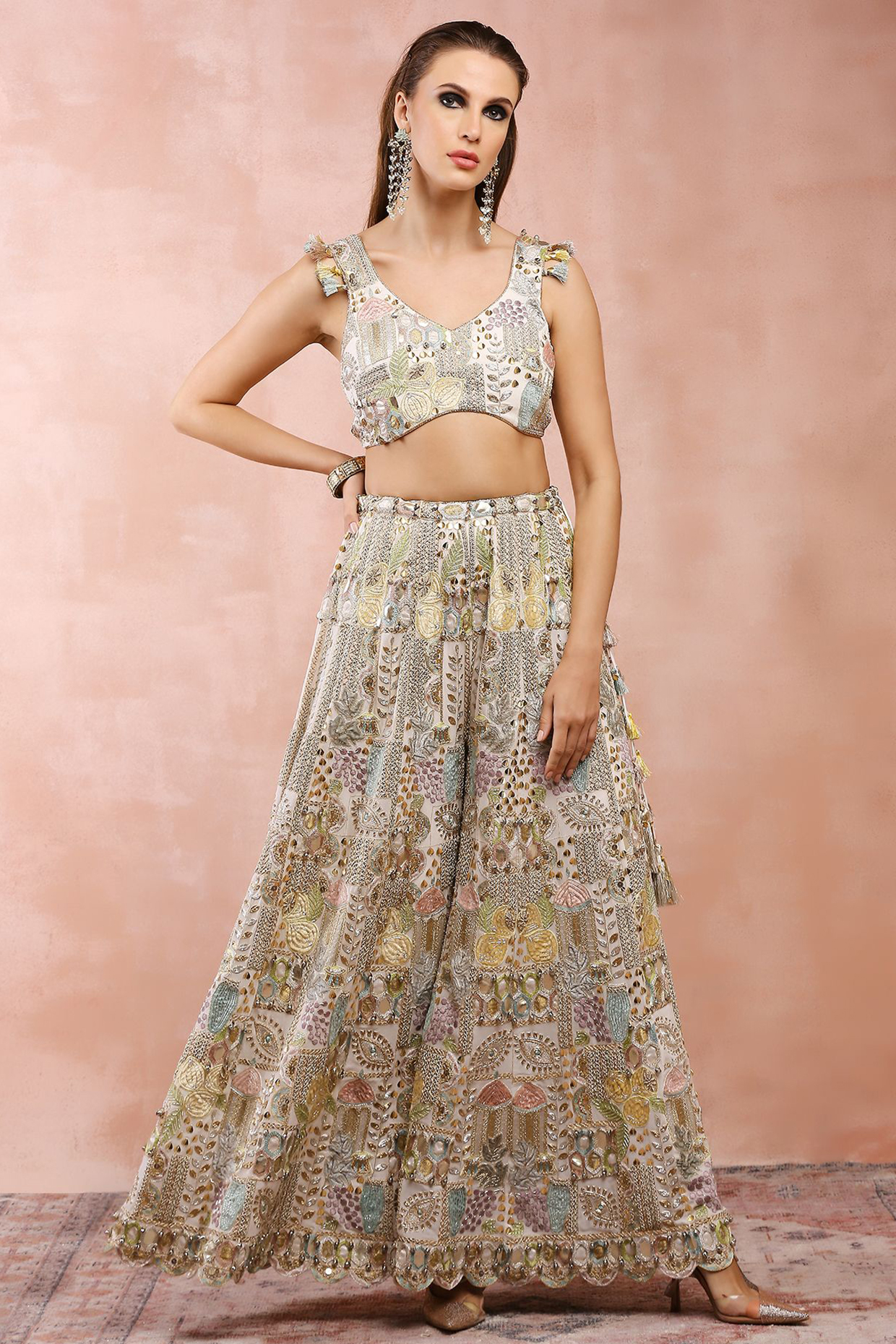 Off-White Georgette Embroidered Bridal Sharara Set by Payal Singhal at Pernia's Pop Up Shop