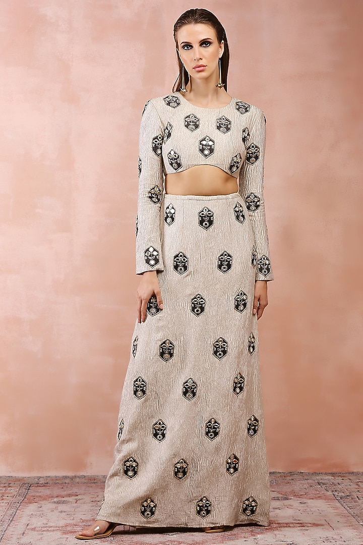Dull Gold Crushed Tissue Embroidered Skirt Set by Payal Singhal at Pernia's Pop Up Shop