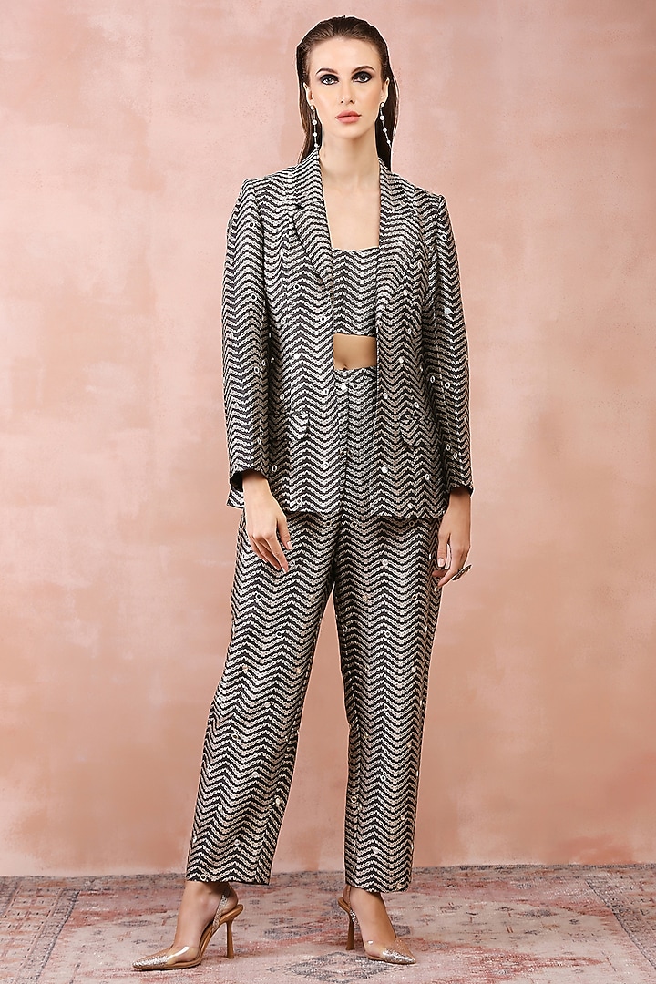 Black Brocade Embroidered Blazer Set by Payal Singhal at Pernia's Pop Up Shop