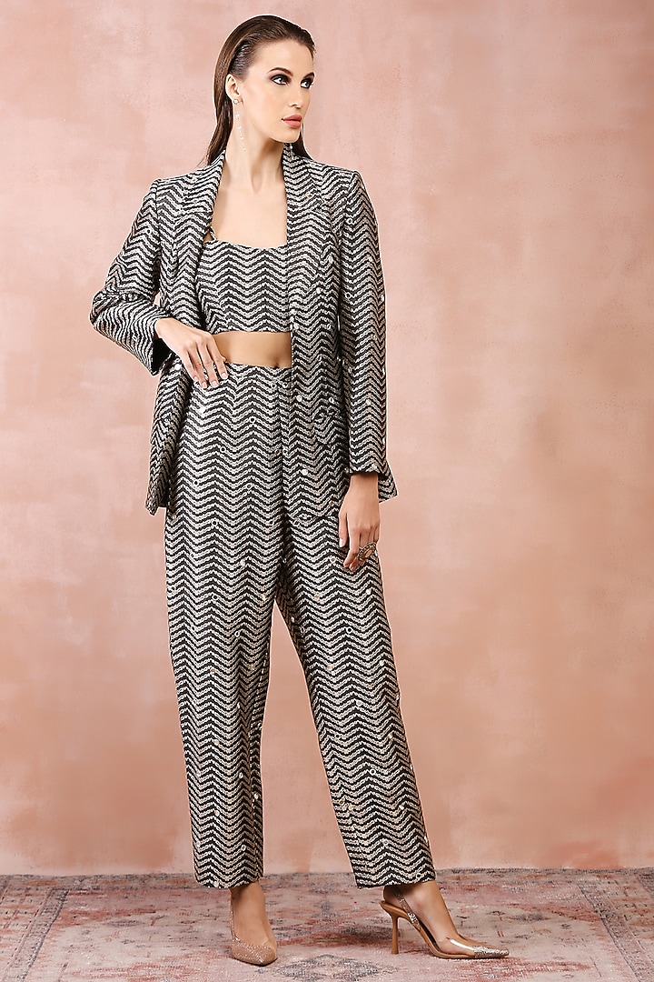 Black Brocade Embroidered Blazer Set by Payal Singhal at Pernia's Pop Up Shop