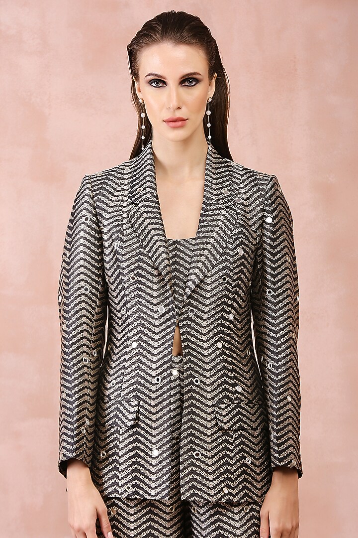Black Brocade Embroidered Blazer Set by Payal Singhal at Pernia's Pop Up Shop