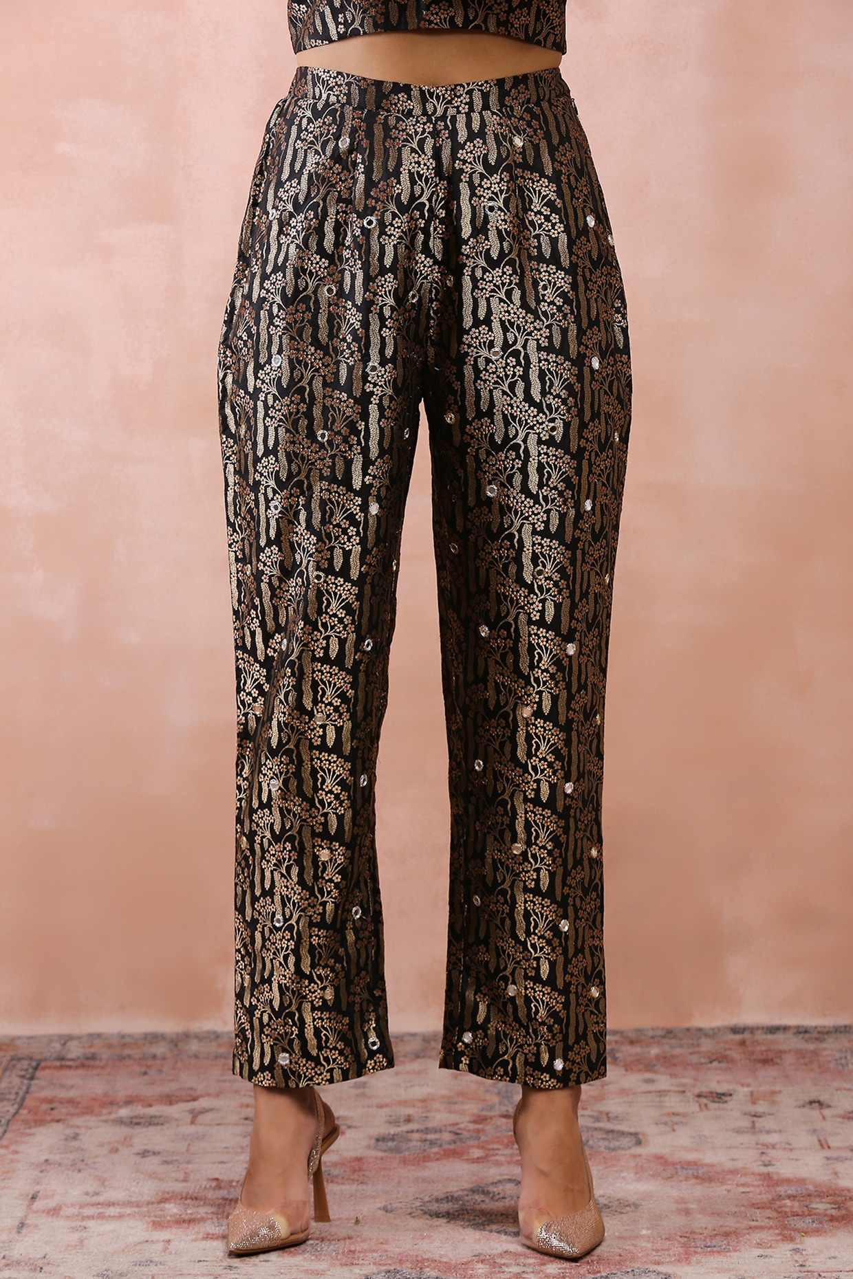 Buy Black Shirt Silk Woven Floral Pattern Collared And Brocade Pant Set For  Women by Peenacolada Online at Aza Fashions.