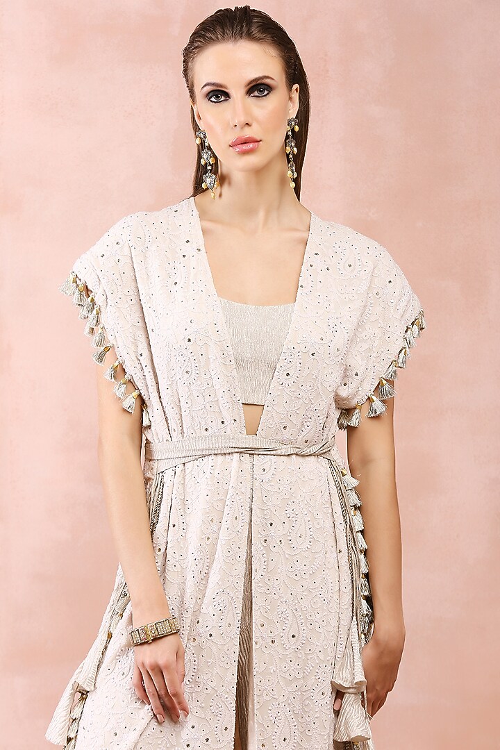 Cream Georgette Chikankari Jacket Set by Payal Singhal at Pernia's Pop Up Shop