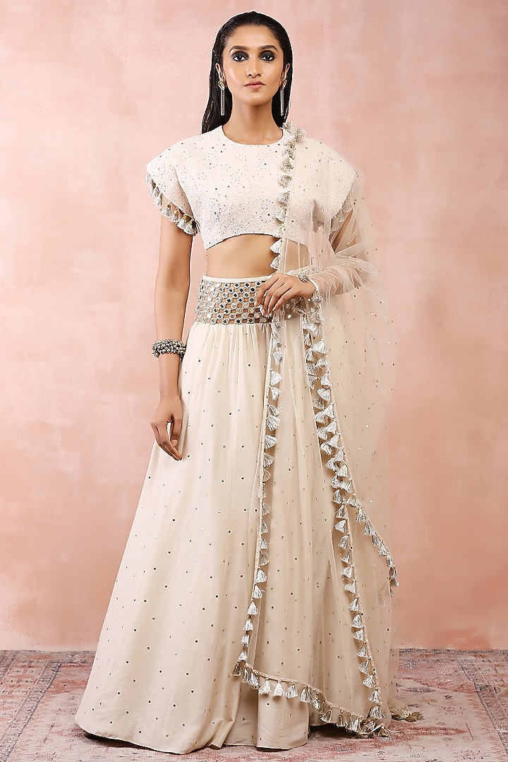 Cream Munga Silk Embroidered Wedding Lehenga Set by Payal Singhal at Pernia's Pop Up Shop