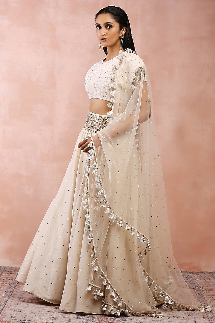 Cream Munga Silk Embroidered Wedding Lehenga Set by Payal Singhal at Pernia's Pop Up Shop
