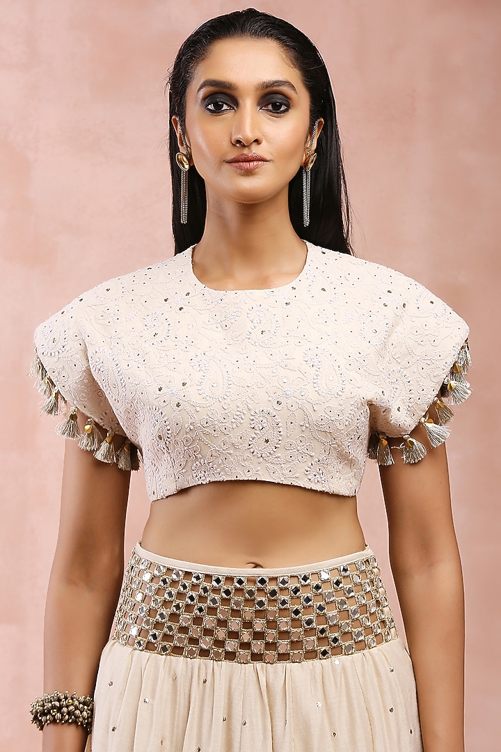 Cream Munga Silk Embroidered Wedding Lehenga Set by Payal Singhal at Pernia's Pop Up Shop