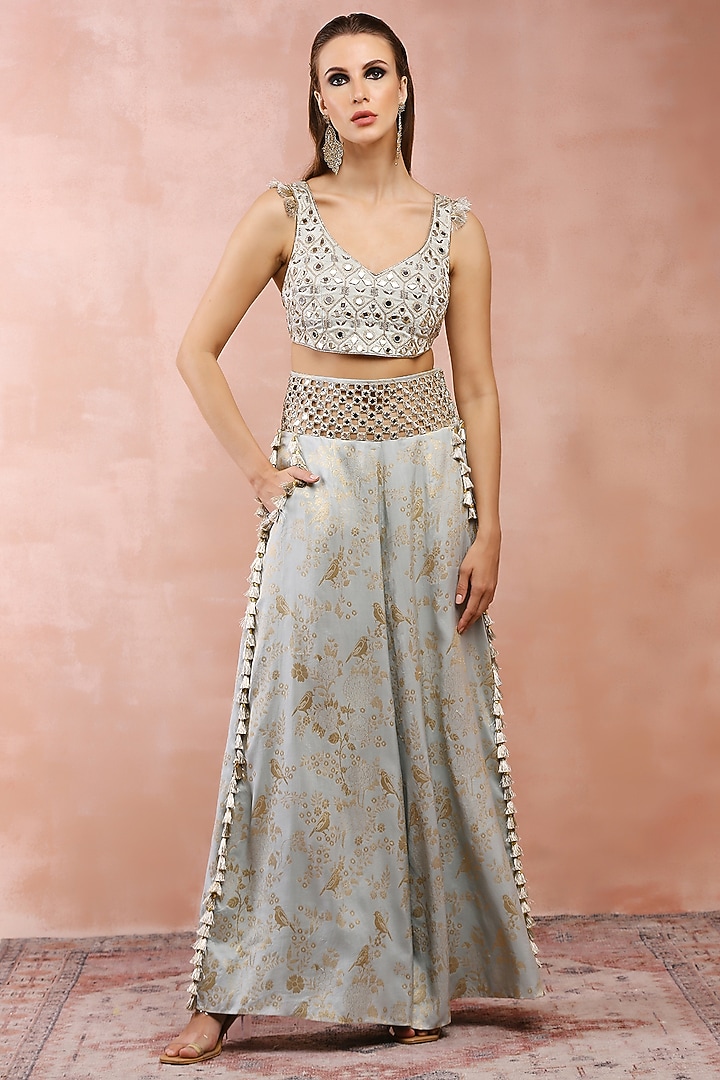 Powder Blue Banarasi Silk Palazzo Pant Set by Payal Singhal at Pernia's Pop Up Shop