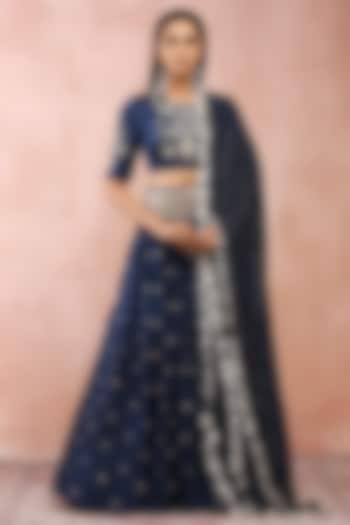 Navy Silk Mul Embroidered Wedding Lehenga Set by Payal Singhal at Pernia's Pop Up Shop