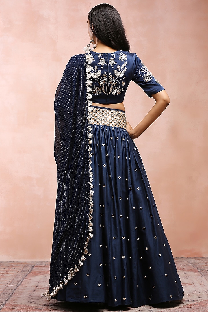 Navy Silk Mul Embroidered Wedding Lehenga Set by Payal Singhal at Pernia's Pop Up Shop