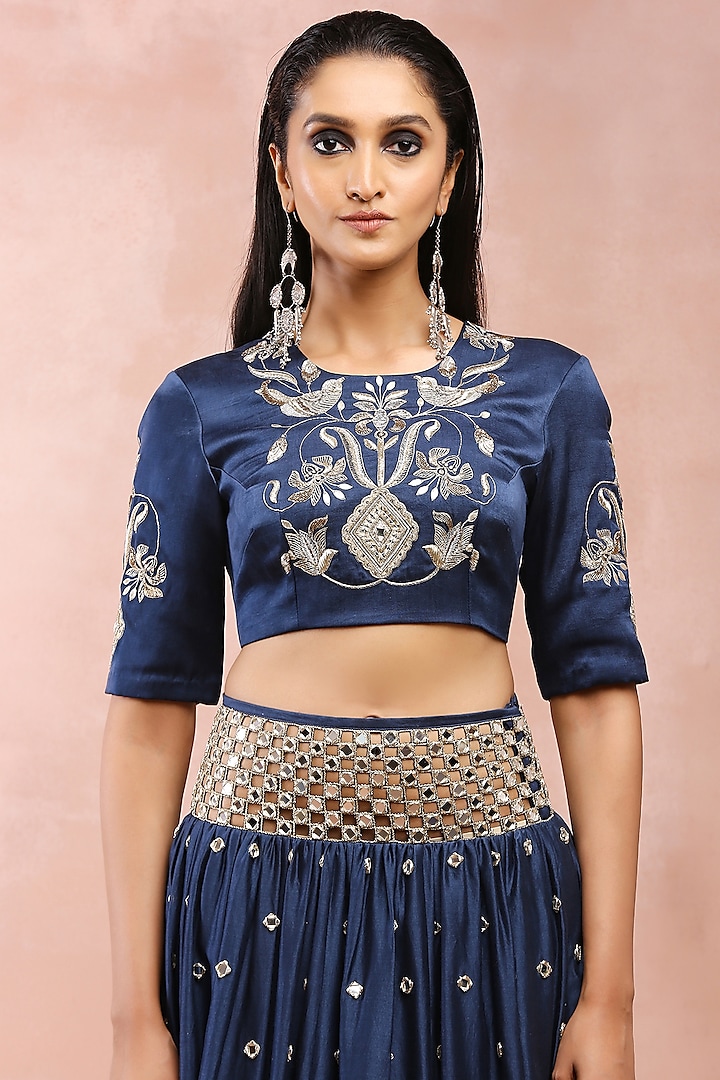 Navy Silk Mul Embroidered Wedding Lehenga Set by Payal Singhal at Pernia's Pop Up Shop
