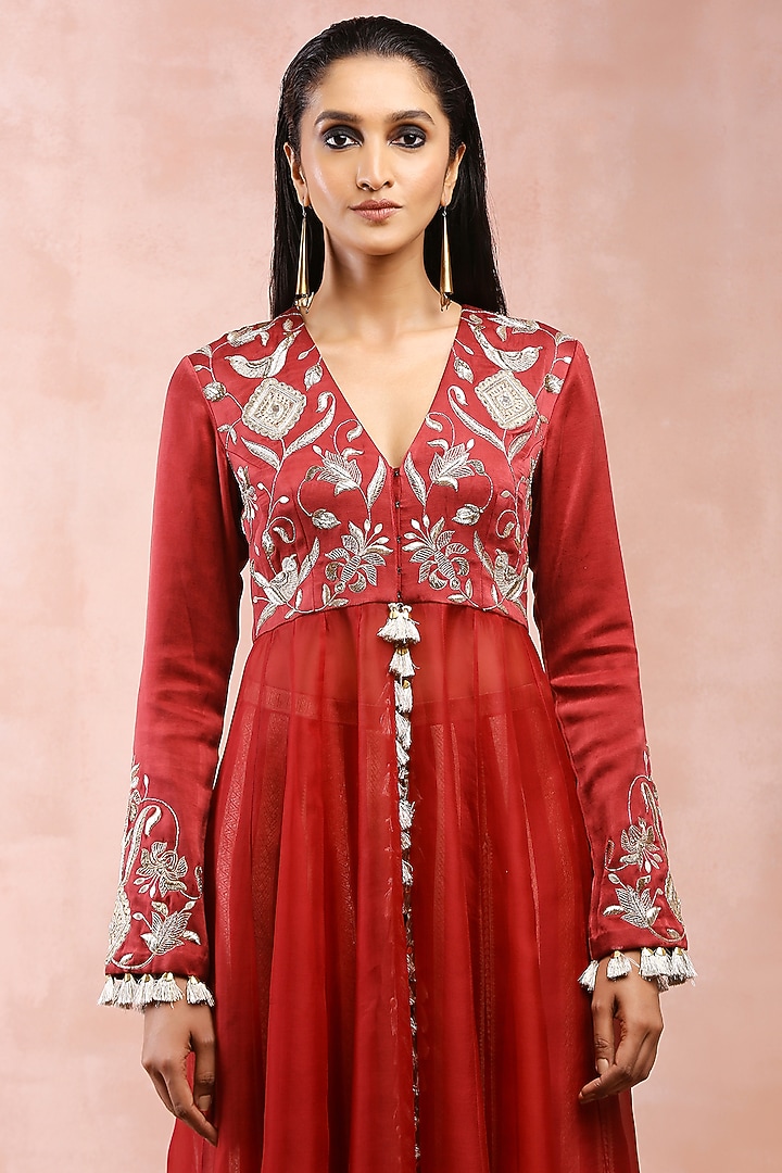 Maroon Satin & Organza Embroidered Bridal Anarkali Set by Payal Singhal at Pernia's Pop Up Shop