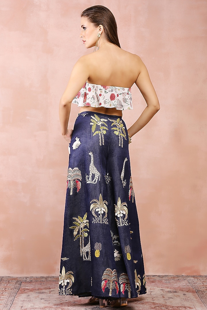 Blue Denim Embroidered Wide-Legged Pant Set by Payal Singhal at Pernia's Pop Up Shop