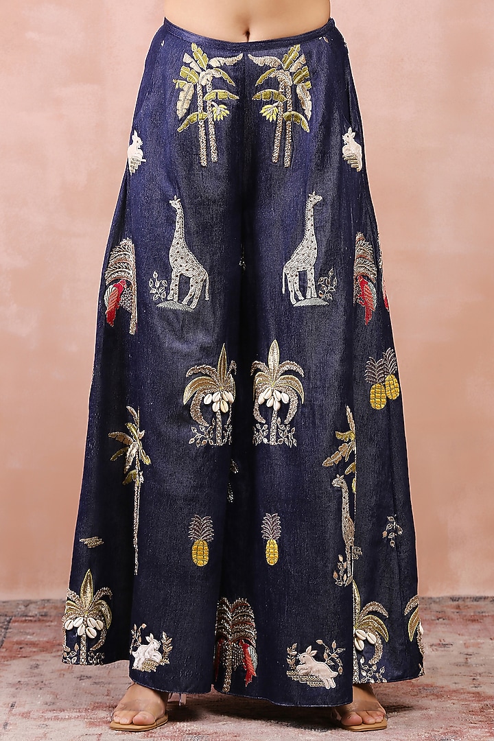 Blue Denim Embroidered Wide-Legged Pant Set by Payal Singhal at Pernia's Pop Up Shop