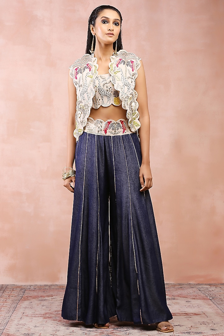 Blue Denim Embroidered Bridal Sharara Set by Payal Singhal at Pernia's Pop Up Shop