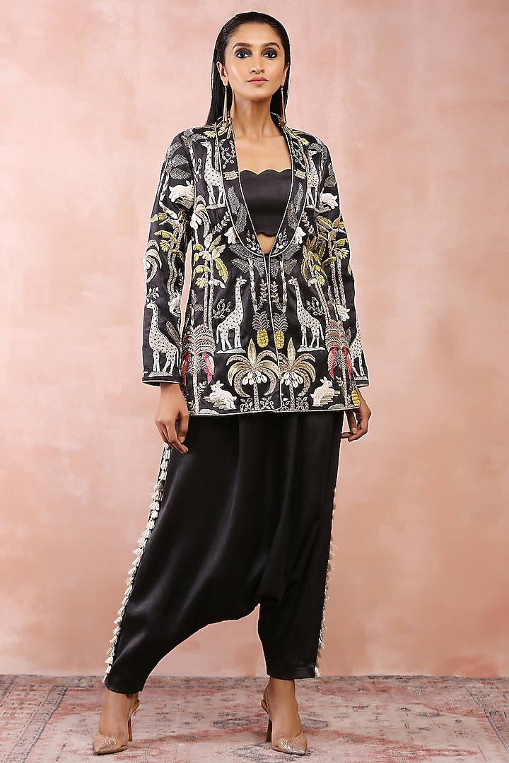 Black Satin Embroidered Jacket Set by Payal Singhal
