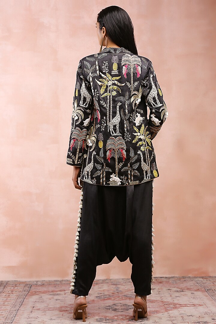 Black Satin Embroidered Jacket Set by Payal Singhal at Pernia's Pop Up Shop